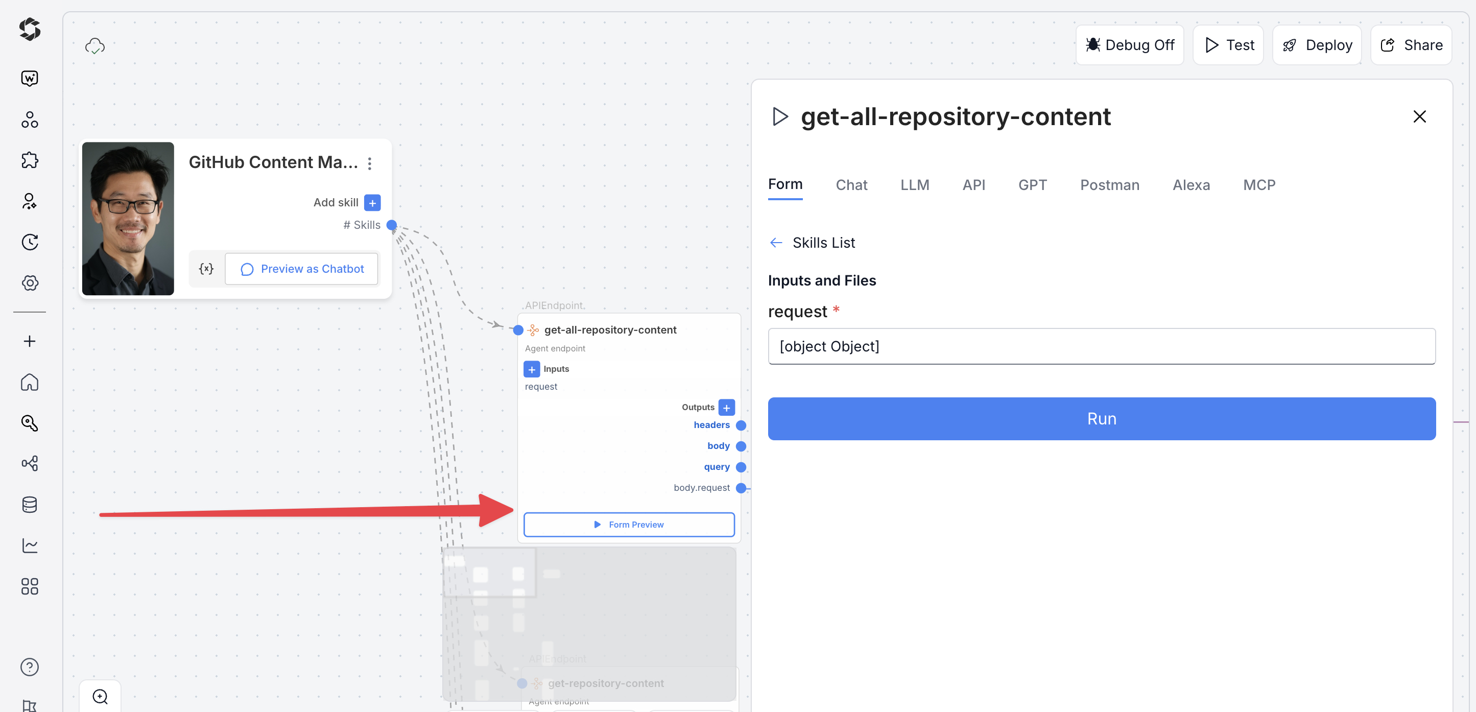 Testing GitHub Content Manager Agent from Form Preview